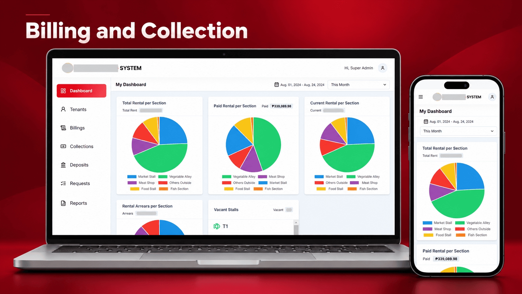 Billing and Collection dashboard presented in laptop and phone mockups, retaining client-data redactions.