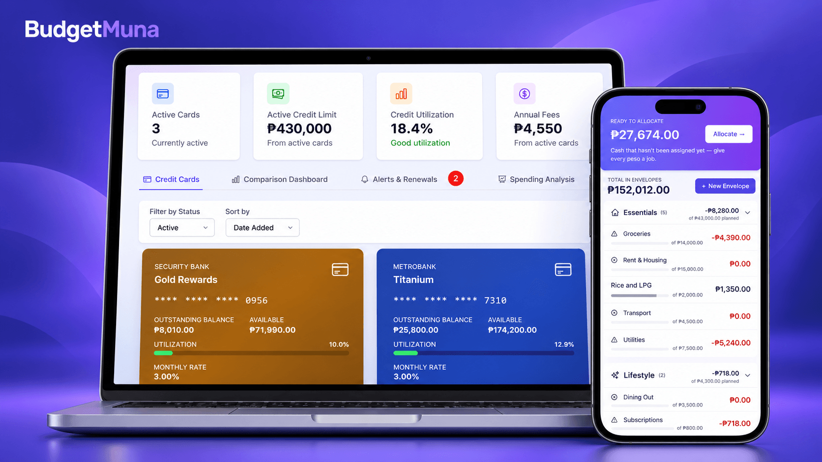BudgetMuna device mockup: credit-card tracking on a laptop and envelope budgeting on a phone, using fictional sample data.