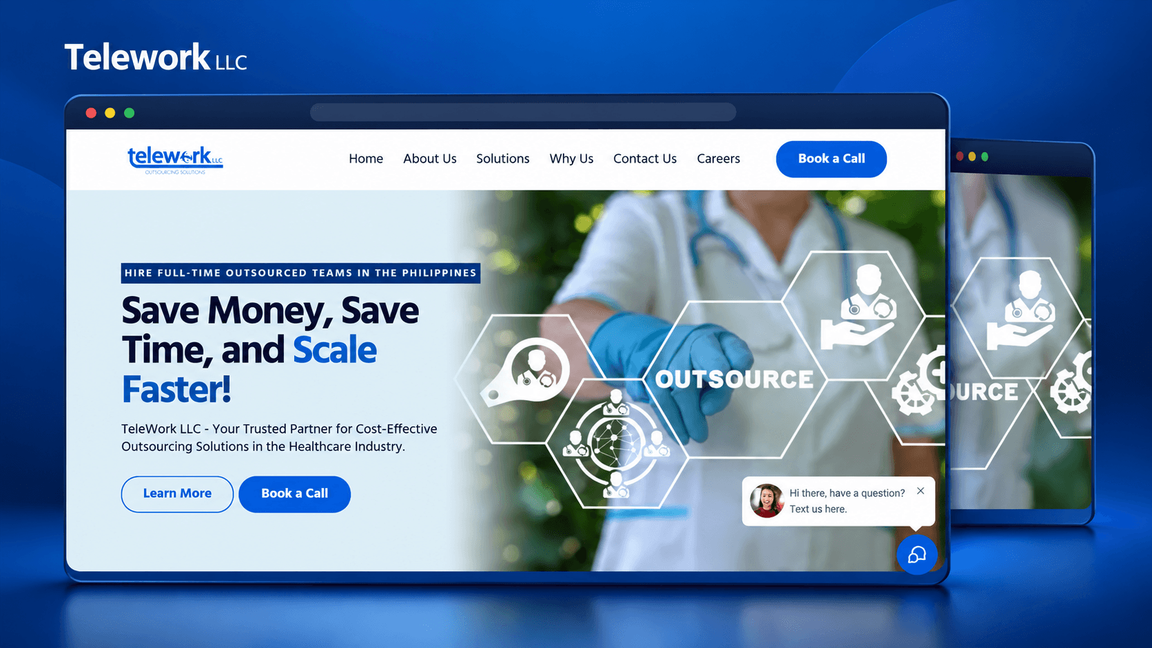 Telework healthcare outsourcing website presented in layered browser mockups on a blue background.
